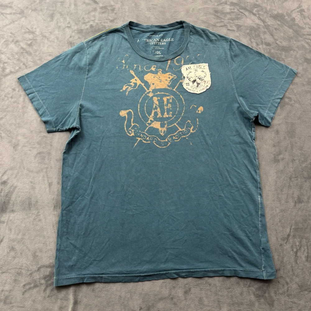 American Eagle Outfitters Mens Teal Graphic T-Shirt Vintage Fit Large L Patch